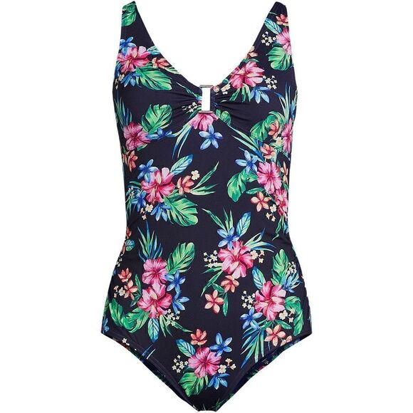 Land's End 1 piece Shirred bodice chlorine resist deepsea navy Rosella floral 12 - Picture 2 of 6